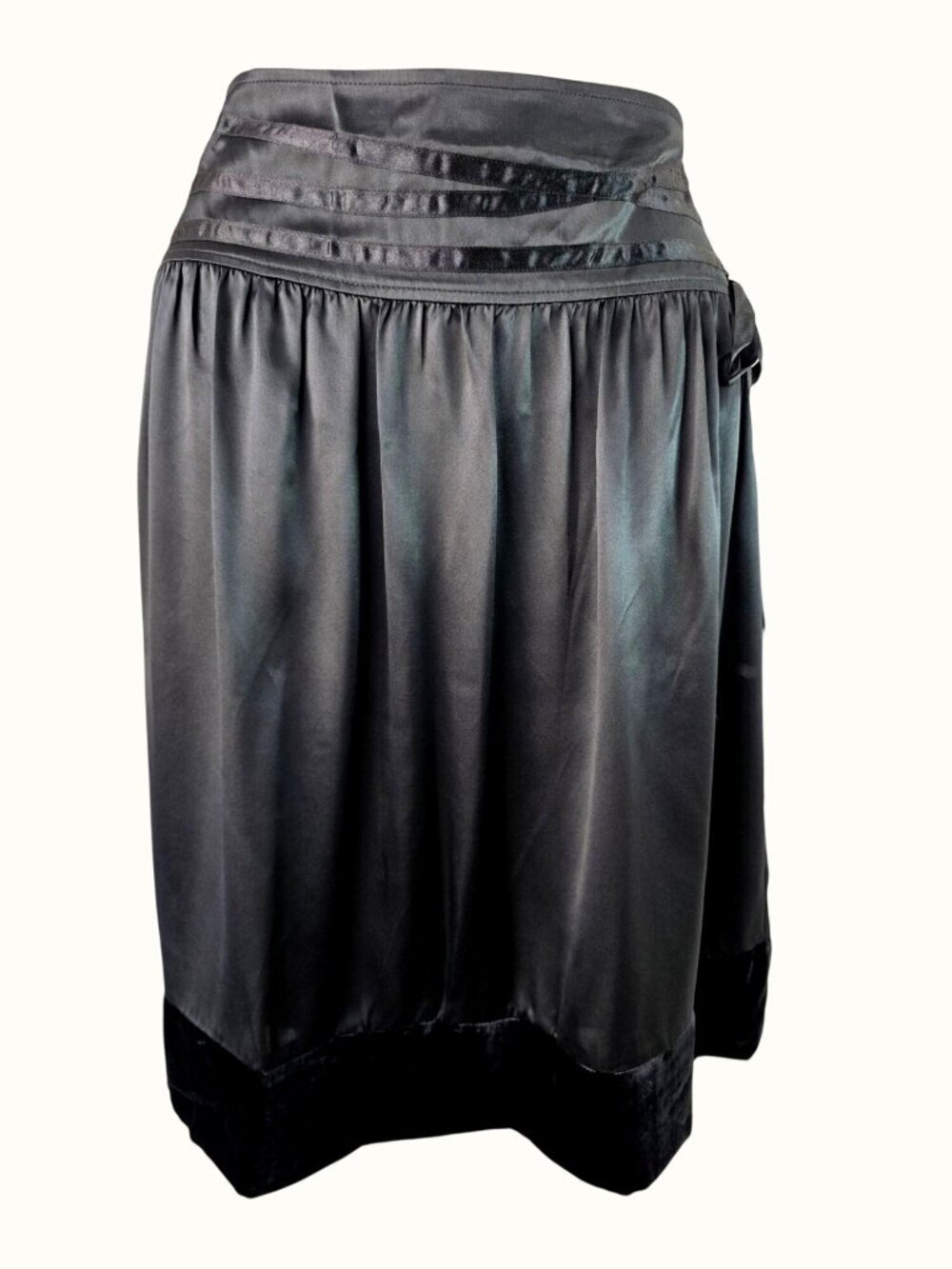 Vintage 90s Black Silk Skirt Sz 10 High Waist Velvet Trim Side Tie by To The Max